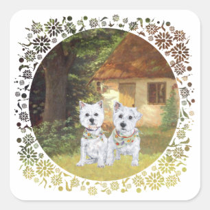 Westies in a Cosy Cottage Yard Square Sticker