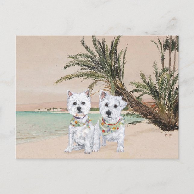 Westies on a Palmy Beach Postcard (Front)