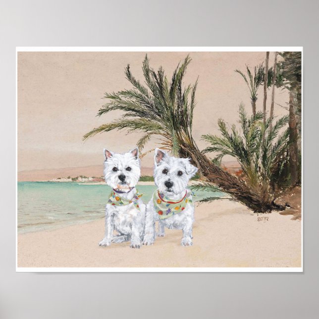 Westies on a Palmy Beach Poster (Front)
