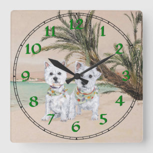Westies on a Palmy Beach Square Wall Clock