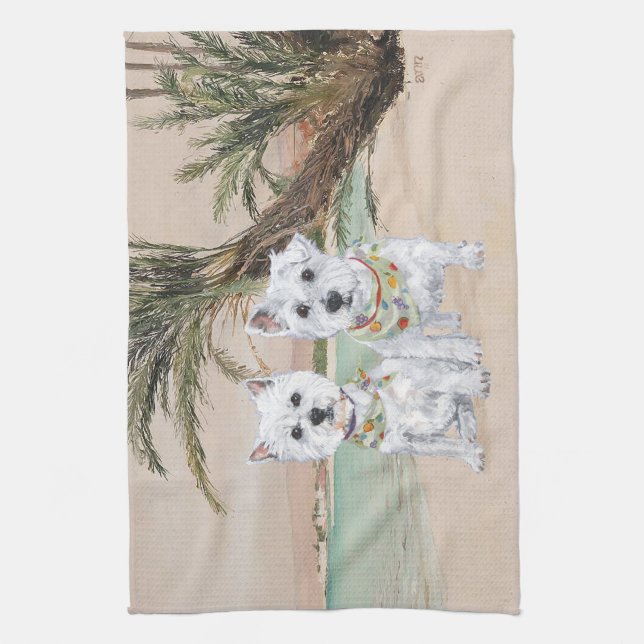 Westies on a Palmy Beach Tea Towel (Vertical)