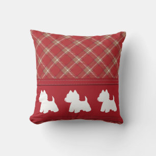 Westies on red tartan cushion