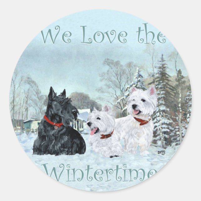 Westies & Scottie in Wintertime Classic Round Sticker (Front)