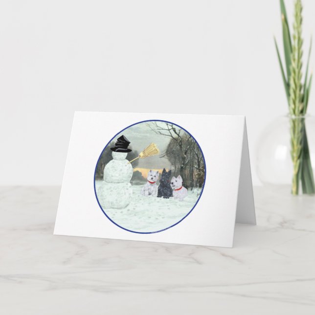 Westies & Scottie with Snowman Holiday Card (Front)