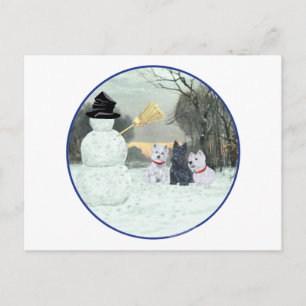 Westies & Scottie with Snowman Postcard