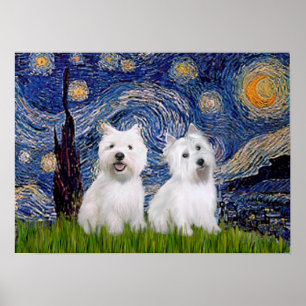 Westies (two) - Starry Night Poster