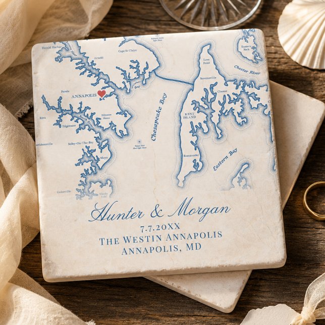 Westin Annapolis Wedding Annapolis MD Map Keepsake Stone Coaster (Westin Annapolis Wedding Favor Stone Coaster with Chesapeake Bay Map by Coastal Map Designs)