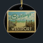 Westport Connecticut Beach Vintage Travel Ceramic Tree Decoration<br><div class="desc">This Greetings From Westport vintage postcard design features a sandy beach with a beautiful turquoise ocean water and above the sea,  a blue sky with billowy white clouds. In vintage travels style.</div>