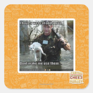 Wet cat and gun square sticker