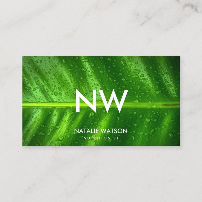 Wet Green Leaf Monogram Professional Nutritionist Business Card (Front)