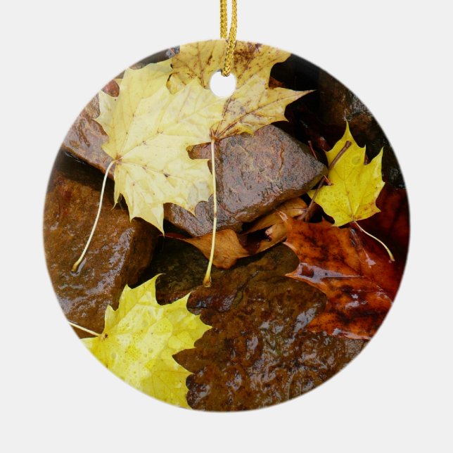 Wet Leaves and Rocks Autumn Nature Photography Ceramic Tree Decoration (Front)