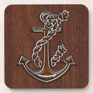 Wet Nautical Mahogany Anchor Steel Decor Coaster