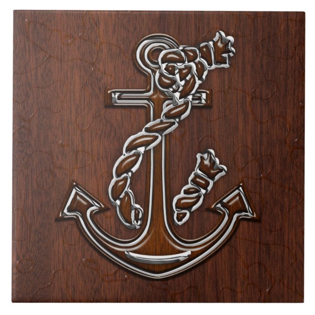 Wet Nautical Mahogany Anchor Steel Decor Tile (Front)