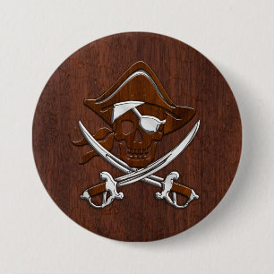Wet Nautical Mahogany Pirate Skull Steel 7.5 Cm Round Badge