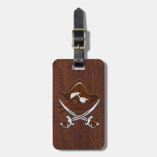 Wet Nautical Mahogany Pirate Skull Steel Luggage Tag
