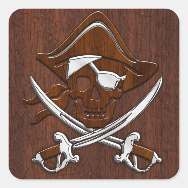 Wet Nautical Mahogany Pirate Skull Steel Square Sticker (Front)
