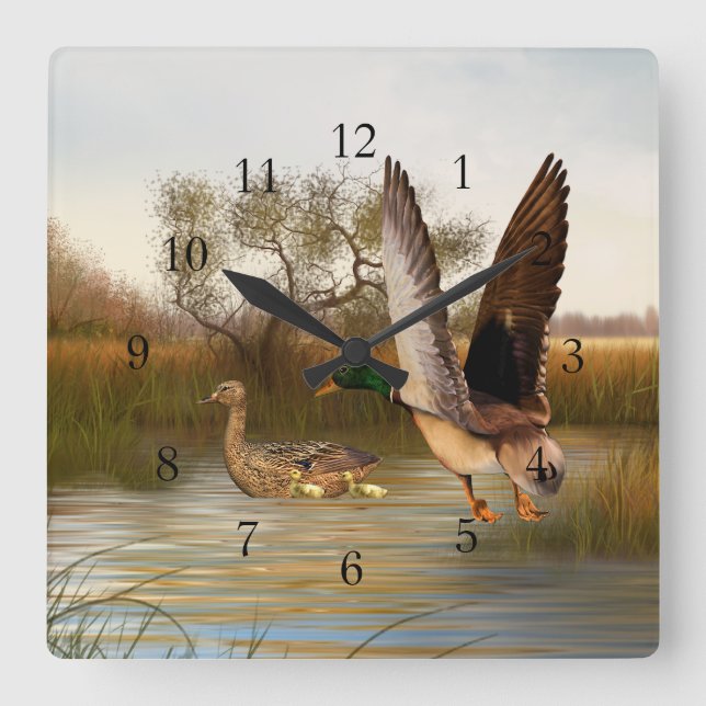 Wetland Ducks in Flight Square Wall Clock (Front)