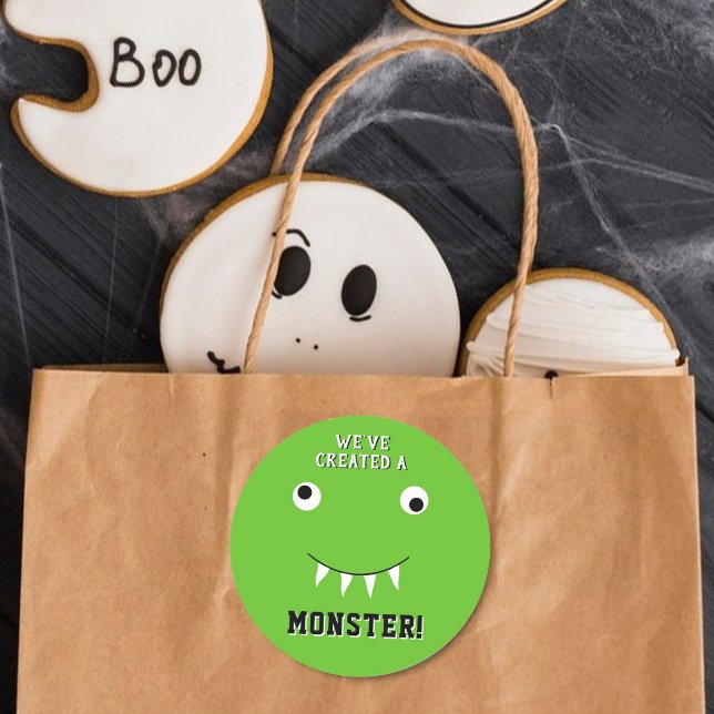 "We've Created A Monster" Halloween Baby Shower Classic Round Sticker (Creator Uploaded)