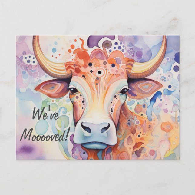 We've Mooooved! Artsy Cow Postcard (Front)