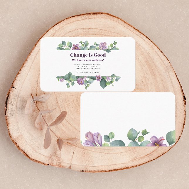 We've Moved Address Eucalyptus Moving Announcement (Eucalyptus Greenery Purple Moving Announcement Business Card)
