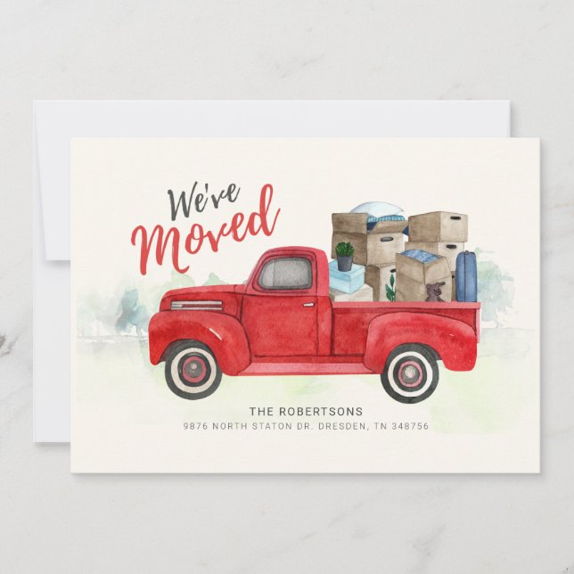 We've Moved Address Watercolor Red Truck Moving Announcement (Front)