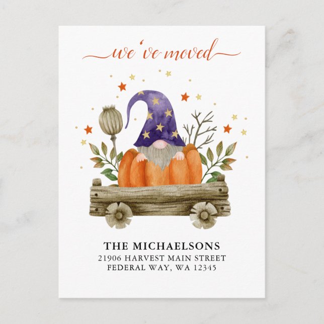 We've Moved Autumn Gnome New Address Announcement  Postcard (Front)