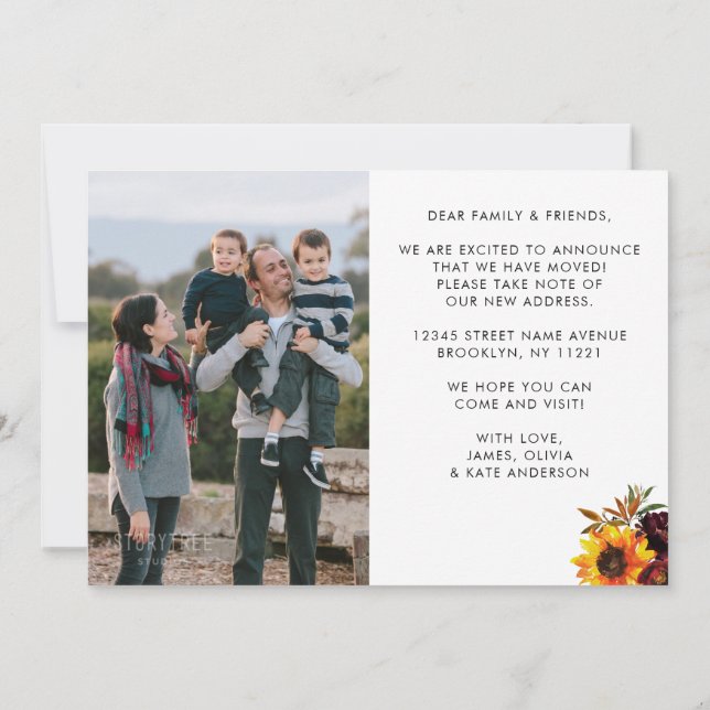 We've Moved Autumn Sunflower New Home Photo Moving Announcement (Back)