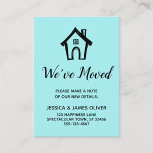 "We've Moved" Black on Aqua Card w/ Little House