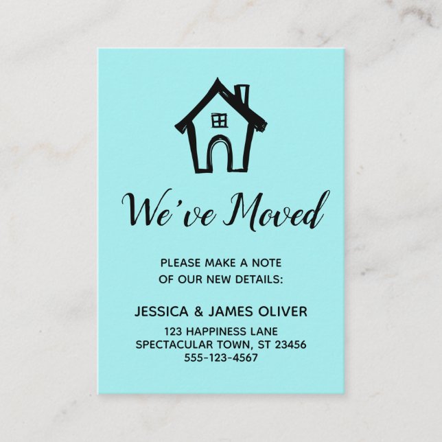 "We've Moved" Black on Aqua Card w/ Little House (Front)