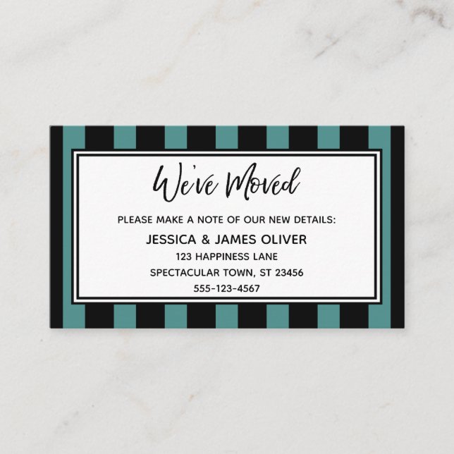 "We've Moved" Black & Teal Vertical Stripes Business Card (Front)
