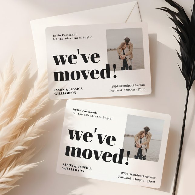 We've Moved! Black White Minimal Bold Typo Photo Announcement (We've Moved! Black White Minimal Bold Typo Photo Announcement)