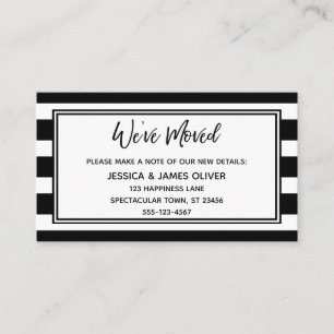 "We've Moved" Black & White Stripes & Script Business Card