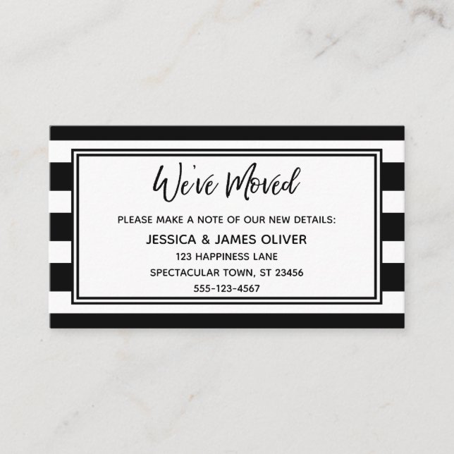 "We've Moved" Black & White Stripes & Script Business Card (Front)
