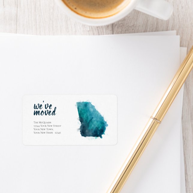 We've Moved Blue Watercolor Georgia Label (Watercolor blues We've Moved to Georgia return address label)
