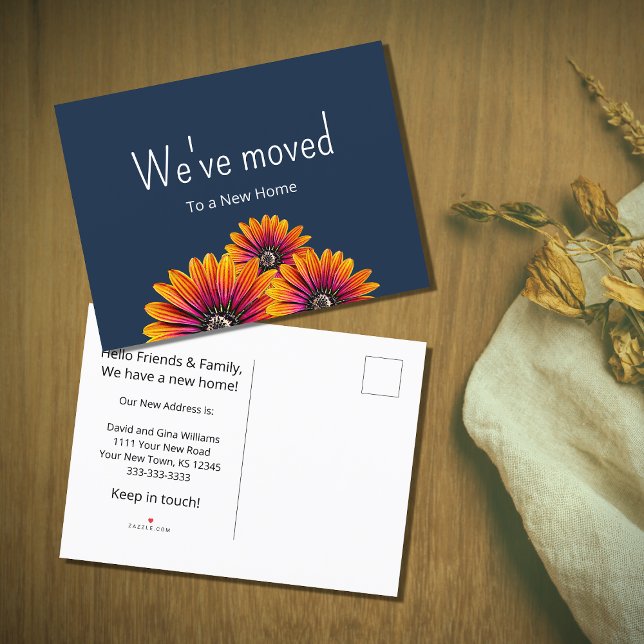 We've Moved Boho Daisies Navy Blue Moving Announcement Postcard (Creator Uploaded)