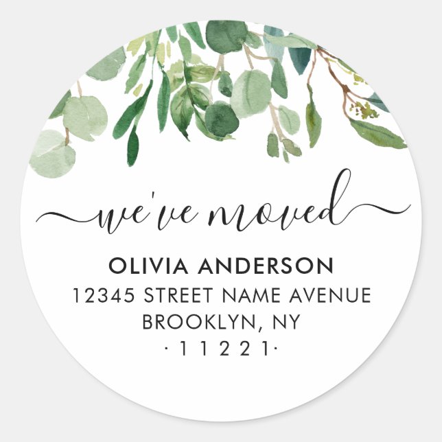 We've Moved Botanical Foliage Moving Announcement Classic Round Sticker (Front)