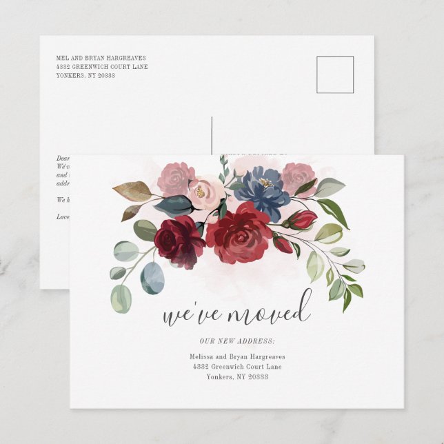 We've Moved Burgundy Floral Moving Announcement Postcard (Front/Back)