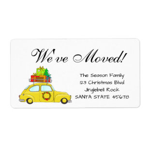 We've Moved Car, tree and gifts Christmas label