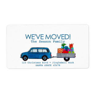 We've Moved Car, tree and gifts Christmas label