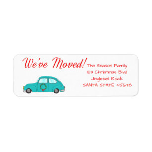 We've Moved car with wreath Christmas label