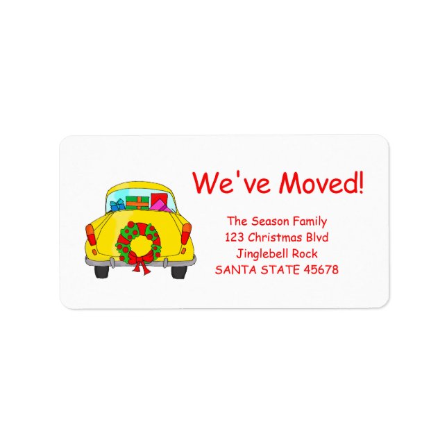 We've Moved car with wreath Christmas label (Front)