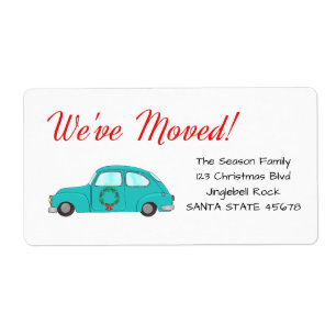 We've Moved car with wreath Christmas label