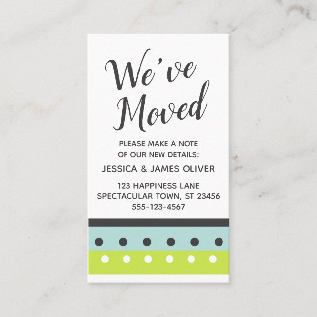 "We've Moved" Card in Lime, Blue and Dark Grey (Front)