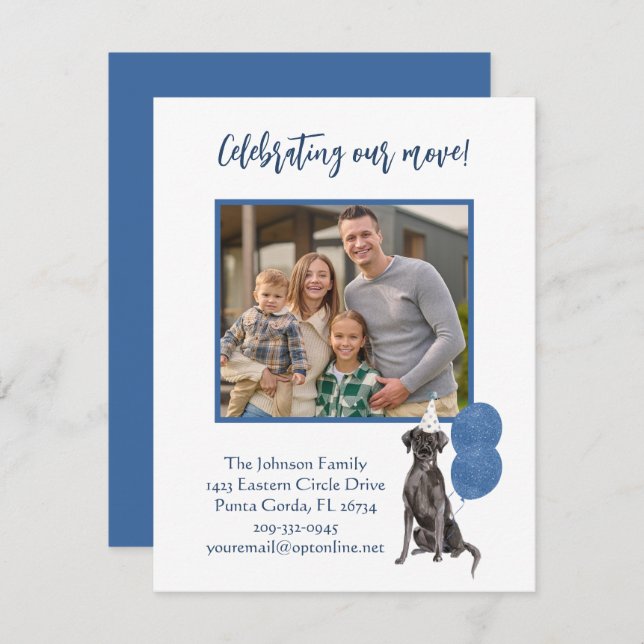 We've Moved Celebrating Dog Family Photo Budget   Announcement (Front/Back)