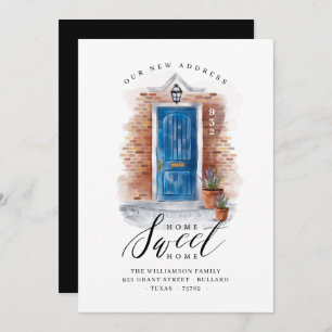 We've Moved Cerulean Blue Watercolor Door & Brick Announcement
