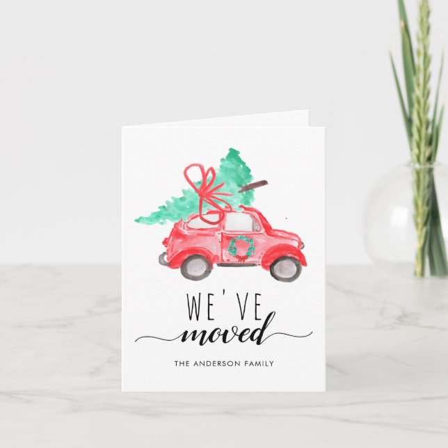 We've Moved Christmas Car Tree Red Holiday Moving Announcement (Front)