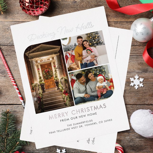 We've Moved Christmas Moving Change of Address Foil Holiday Postcard (Decking New Halls Christmas Family Photo Collage Holiday Moving Announcement)