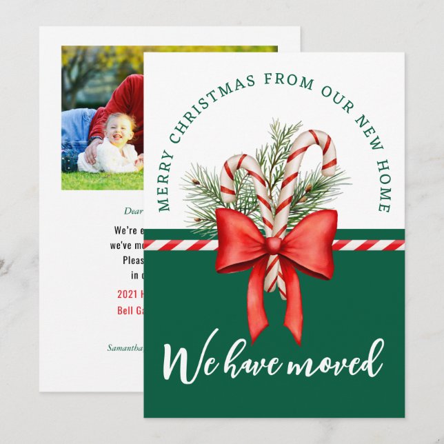We've Moved Christmas Photo Candy Cane Red Bow Announcement (Front/Back)