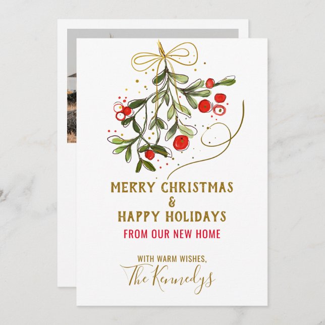 We've Moved Christmas Photo Mistletoe Holiday Card (Front/Back)