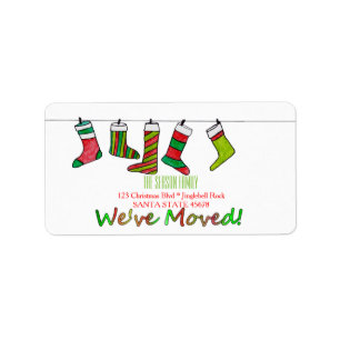 We've Moved Christmas stockings Christmas label